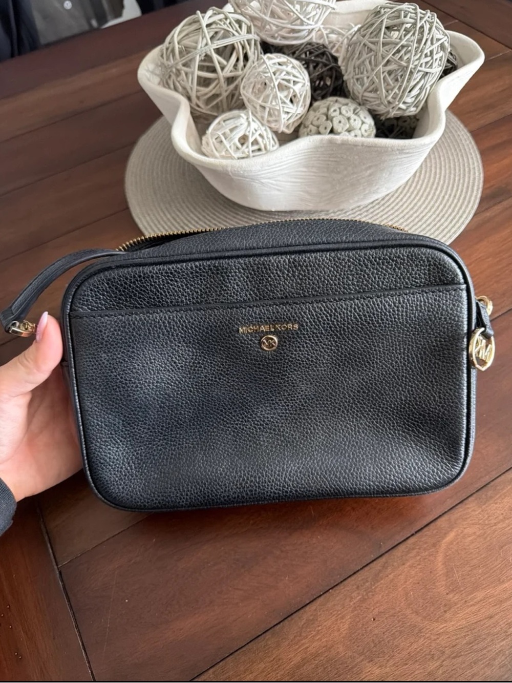 Michael Kors Black Pebbled Leather Crossbody Camera Bag with Gold Hardware